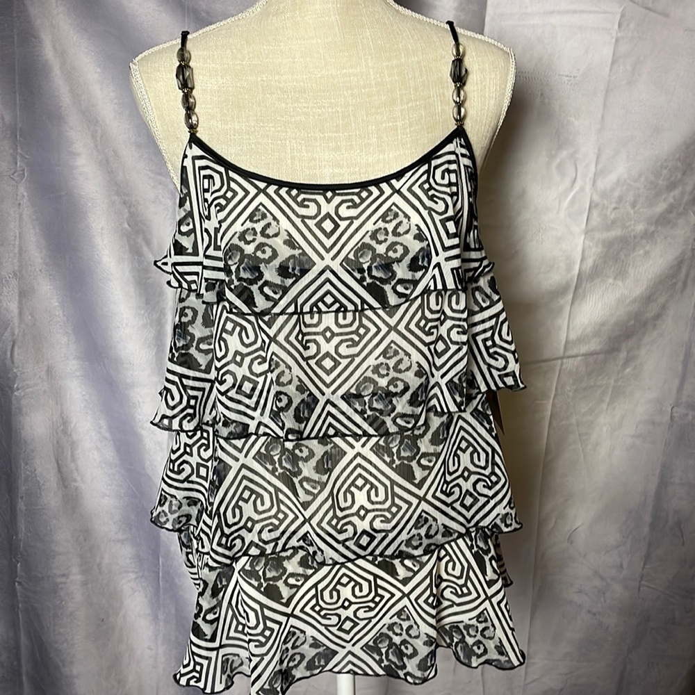 LAPIS TIERED STRAPPY BLOUSE ADORNED WITH FAUX JEWELS/SILVER SIZED L. NWT